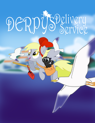 Size: 5103x6597 | Tagged: safe, artist:sonicgirl313, derpy hooves, cat, pegasus, pony, seagull, g4, absurd resolution, broom, female, flying, flying broomstick, kiki's delivery service, mare, parody, solo, studio ghibli