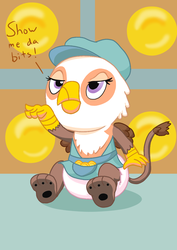 Size: 883x1248 | Tagged: safe, artist:artiecanvas, gimme moore, griffon, g4, the lost treasure of griffonstone, bits, chickub, cub, cute, diaper, frown, glare, hat, looking up, newsboy hat, paw pads, paws, sitting, younger