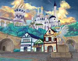 Size: 11539x9000 | Tagged: safe, absurd resolution, canterlot, canterlot castle, house, road, statue