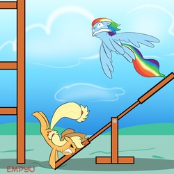 Size: 1000x1000 | Tagged: safe, artist:empyu, applejack, rainbow dash, pony, applebuck season, g4, my little pony: friendship is magic, duo, scene interpretation, seesaw