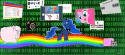 Size: 1080x480 | Tagged: safe, artist:empyu, pinkie pie, princess luna, oc, oc:fluffle puff, alicorn, earth pony, pony, g4, internet, nyan cat