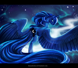 Size: 1000x870 | Tagged: dead source, safe, artist:lanteria, princess luna, g4, both cutie marks, female, impossibly long tail, large wings, long tail, solo, spread wings, tail