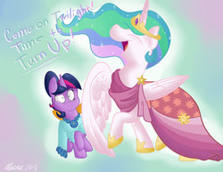 Size: 3850x2975 | Tagged: safe, artist:artisticwerks, princess celestia, twilight sparkle, alicorn, pony, g4, make new friends but keep discord, clothes, dress, eyes closed, female, high res, mare, scene interpretation, twilight sparkle (alicorn), wing shove, wingpush