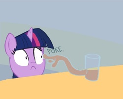 Size: 640x513 | Tagged: safe, twilight sparkle, pony, unicorn, g4, :<, :c, chocolate milk, exploitable meme, female, frown, hand, how do you like them apples, mare, meme, poking, pure unfiltered good, role reversal, spilled milk, the tables have turned, this will end in spilled milk, wat, wide eyes