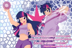 Size: 2276x1500 | Tagged: safe, artist:reina-del-caos, twilight sparkle, human, g4, belly button, clothes, dusk shine, humanized, light skin, magic, midriff, quote, rule 63, tank top, translated in the comments