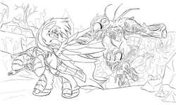Size: 2500x1500 | Tagged: safe, artist:ruhisu, oc, oc only, oc:brave wing, pegasus, pony, fallout equestria, attack, city, defending, defense, gun, male, monochrome, mutant, post-apocalyptic, ruins, sketch, stallion, standing, tentacles, wasteland, water tower, wip