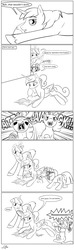Size: 565x1920 | Tagged: safe, artist:silfoe, princess cadance, shining armor, twilight sparkle, royal sketchbook, g4, face paint, feather, glowing horn, grayscale, headband, horn, monochrome, open mouth, prank fail, tickling, younger