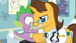 Size: 1920x1080 | Tagged: safe, artist:shutterflyeqd, doctor horse, doctor stable, spike, dragon, pony, g4, anatomy chart, chart, discovery family logo, fake screencap, horror, male, stallion, syringe, trypanophobia