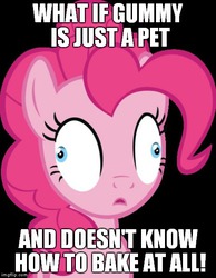 Size: 460x593 | Tagged: safe, pinkie pie, g4, conspiracy pinkie, derp, exploitable meme, image macro, meme, wut if gummy wuz a meme