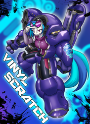 Size: 2400x3300 | Tagged: safe, artist:toughset, dj pon-3, vinyl scratch, anthro, g4, armor, female, high res, looking at you, power armor, powered exoskeleton, solo, wub