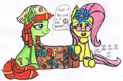 Size: 1024x675 | Tagged: safe, artist:mane-shaker, fluttershy, tree hugger, g4, make new friends but keep discord, 60s, backpack, bag, bandana, colored, cute, ear fluff, hippie, hippieshy, hoofstock, necklace, peace symbol, pun, traditional art, watercolor painting, woodstock