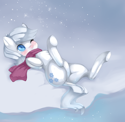 Size: 800x780 | Tagged: dead source, safe, artist:misukitty, double diamond, g4, the cutie map, blushing, clothes, double dawwmond, lying, male, misleading thumbnail, on back, scarf, snow, snowfall, solo, underhoof