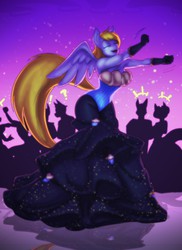 Size: 931x1280 | Tagged: safe, artist:toughset, derpy hooves, oc, oc only, oc:cleverderpy, pegasus, anthro, g4, anthro oc, clothes, corset, dancing, dress, evening gloves, eyes closed, gown, spread wings, the monkey