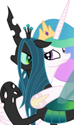 Size: 5000x8456 | Tagged: safe, artist:weegeestareatyou, artist:yewdee, princess celestia, queen chrysalis, alicorn, changeling, changeling queen, pony, g4, absurd resolution, cute, cutealis, cutelestia, duo, duo female, eye contact, fangs, female, floppy ears, hug, lidded eyes, looking at each other, looking back, mare, simple background, smiling, transparent background, vector