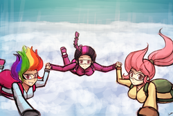 Size: 1024x683 | Tagged: safe, artist:lumineko, fluttershy, rainbow dash, twilight sparkle, human, g4, air ponyville, goggles, humanized, looking at you, parachute, pov, skydiving, smiling
