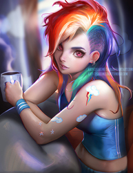 Size: 695x900 | Tagged: safe, artist:sakimichan, rainbow dash, human, g4, belly button, chair, clothes, coffee, detailed, ear piercing, earring, female, grin, humanized, looking at you, midriff, mug, piercing, realistic, sitting, smiling, solo, tank top, tattoo, undercut