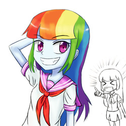 Size: 1075x1080 | Tagged: safe, artist:jumboz95, rainbow dash, twilight sparkle, equestria girls, g4, the lost treasure of griffonstone, ><, alternate hairstyle, clothes, eyes closed, happy, laughing, manebow sparkle, sailor uniform, school uniform, smiling, xd