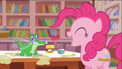 Size: 512x288 | Tagged: safe, screencap, gummy, pinkie pie, g4, the lost treasure of griffonstone, discovery family logo, heart, kissing, platonic kiss