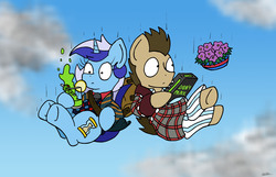 Size: 4004x2573 | Tagged: safe, artist:bobthedalek, doctor whooves, minuette, time turner, earth pony, pony, unicorn, g4, agrajag, arthur dent, background pony, bowl of petunias, clothes, crossover, don't panic, dressing gown, falling, female, ford prefect, hitchhiker's guide to the galaxy, male, mare, pajamas, pan galactic gargle blaster, petunia (flower), plant, stallion