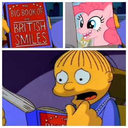 Size: 800x800 | Tagged: safe, screencap, pinkie pie, g4, the lost treasure of griffonstone, broken teeth, caption, image macro, male, ralph wiggum, text, the big book of british smiles, the simpsons