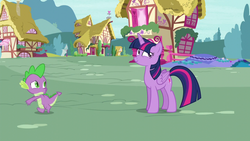 Size: 1280x720 | Tagged: safe, screencap, spike, twilight sparkle, alicorn, pony, castle sweet castle, g4, duo, female, mare, ponyville, twilight sparkle (alicorn)