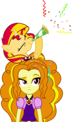 Size: 1500x2526 | Tagged: safe, artist:mit-boy, adagio dazzle, sunset shimmer, human, pony, unicorn, equestria girls, g4, confetti, hammerspace hair, party, party horn, ponies riding humans, pony hat, riding, sunset shimmer riding adagio dazzle