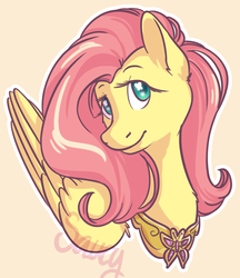 Size: 1800x2080 | Tagged: safe, artist:floots, artist:glosticks, fluttershy, pegasus, pony, g4, bust, element of kindness, elements of harmony, female, looking at you, mare, simple background, smiling, solo, yellow background