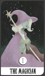 Size: 865x1459 | Tagged: safe, artist:twitchykismet, trixie, pony, g4, bipedal, eyes closed, female, solo, tarot card, the magician, trixie's cape, trixie's hat