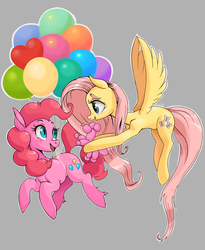 Size: 1748x2133 | Tagged: safe, artist:twitchykismet, fluttershy, pinkie pie, earth pony, pegasus, pony, g4, balloon, balloon animal, cute, female, flying, happy, mare, suspended, then watch her balloons lift her up to the sky
