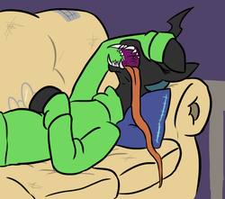 Size: 690x611 | Tagged: safe, artist:jargon scott, queen chrysalis, changeling, changeling queen, g4, clothes, couch, dork, dorkalis, fangs, female, glasses, impossibly long tongue, long tongue, open mouth, sharp teeth, sleeping, snoring, solo, sweater, teeth