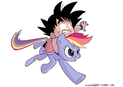 Size: 1754x1240 | Tagged: safe, artist:violaine briat, rainbow dash, human, pegasus, pony, g4, crossover, dragon ball, duo, female, humans riding ponies, male, mare, riding, simple background, son goku, white background