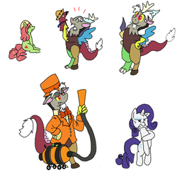 Size: 700x700 | Tagged: safe, artist:kushina13, discord, rarity, señor huevos, tree hugger, draconequus, pony, unicorn, g4, make new friends but keep discord, assisted exposure, bipedal, clothing theft, covering, duo, female, male, naked rarity, palindrome get, solo, vacuum cleaner, we don't normally wear clothes