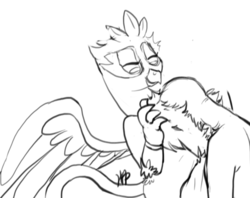 Size: 677x537 | Tagged: safe, anonymous artist, oc, oc only, oc:anon, griffon, anon in equestria, female, fluffy, monochrome, motorboating, solo