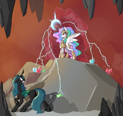 Size: 1135x1068 | Tagged: safe, artist:spaerk, princess celestia, queen chrysalis, alicorn, changeling, changeling queen, pony, g4, armor, female, fight, magic, mare, mlpgdraws, spread wings