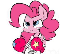 Size: 603x542 | Tagged: safe, artist:cpt-chunk, artist:hattsy, pinkie pie, earth pony, pony, semi-anthro, g4, bandage, boxing, boxing gloves, clothes, female, gloves, mare, smiling, solo, tank top