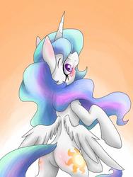 Size: 480x640 | Tagged: safe, artist:azurepicker, princess celestia, pony, g4, :o, bipedal, blushing, butt, butt blush, featureless crotch, female, looking at you, looking back, plot, solo, spread wings, sunbutt, wide eyes