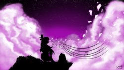 Size: 3200x1800 | Tagged: safe, artist:fushigiooka, octavia melody, g4, cello, cliff, musical instrument, night, purple, signature, silhouette, wallpaper