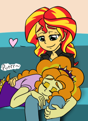 Size: 269x368 | Tagged: safe, artist:catlover1672, adagio dazzle, sunset shimmer, equestria girls, g4, adoragio, behaving like a cat, couch, cute, duo, eyes closed, female, heart, hug, lesbian, on side, purring, ship:sunsagio, shipping, sitting, smiling