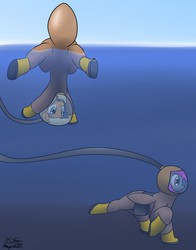 Size: 1003x1280 | Tagged: safe, artist:the-furry-railfan, applejack, oc, oc:crash dive, pony, g4, boots, confused, diving suit, floating, galoshes, helmet, running, silly, silly pony, underwater, upside down
