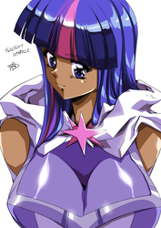 Size: 1060x1500 | Tagged: safe, artist:hinomars19, twilight sparkle, human, spiders and magic: rise of spider-mane, g4, amethyst sorceress, breasts, busty twilight sparkle, clothes, costume, dark skin, female, humanized, solo, superhero
