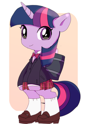 Size: 457x649 | Tagged: safe, artist:youhoujou, twilight sparkle, alicorn, pony, g4, bipedal, clothes, cute, female, mare, school uniform, skirt, solo, twiabetes, twilight sparkle (alicorn)