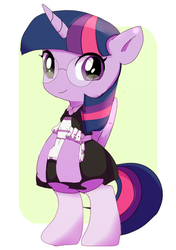 Size: 457x649 | Tagged: safe, artist:youhoujou, twilight sparkle, alicorn, pony, g4, bipedal, clothes, cute, dress, female, glasses, looking at you, maid, mare, meganekko, smiling, socks, solo, twiabetes, twilight sparkle (alicorn)