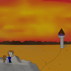 Size: 1500x1500 | Tagged: safe, artist:samey90, oc, oc only, oc:littlepip, pony, unicorn, fallout equestria, clothes, desert, fanfic, fanfic art, female, jumpsuit, mare, mountain, pipbuck, scar, solo, tower, vault suit, wasteland