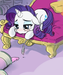 Size: 550x650 | Tagged: safe, artist:baekgup, rarity, pony, unicorn, g4, inspiration manifestation, comfort eating, crying, fainting couch, female, ice cream, mare, running makeup, solo