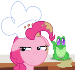 Size: 5081x4747 | Tagged: safe, artist:masem, gummy, pinkie pie, alligator, earth pony, pony, g4, the lost treasure of griffonstone, .ai available, absurd resolution, batter, chef's hat, hat, simple background, toque, transparent background, vector