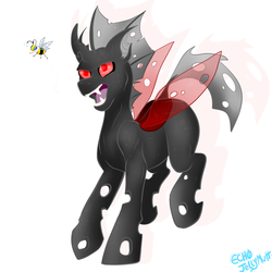 Size: 1200x1200 | Tagged: safe, artist:echojellymutt, oc, oc only, bee, changeling, angry, male, open mouth, red changeling, solo focus