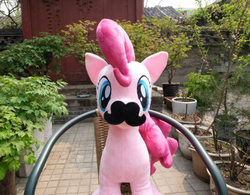 Size: 547x426 | Tagged: safe, artist:hutouluosha, pinkie pie, earth pony, pony, g4, irl, looking at you, moustache, outdoors, photo, plushie, ponka po