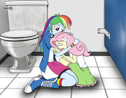 Size: 1600x1249 | Tagged: dead source, safe, artist:darkbloodfang, fluttershy, rainbow dash, equestria girls, g4, bathroom, bathroom stall, but why, clothes, comforting, crying, deviantart watermark, eyes closed, female, lesbian, obtrusive watermark, ship:flutterdash, shipping, skirt, toilet, watermark