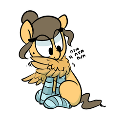Size: 600x600 | Tagged: safe, artist:whydomenhavenipples, oc, oc only, pegasus, pony, behaving like a bird, clothes, cute, female, filly, nom, preening, sitting, smiling, socks, solo, spread wings, striped socks