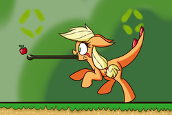 Size: 1200x800 | Tagged: safe, artist:heir-of-rick, applejack, monster pony, original species, tatzlpony, yoshi, daily apple pony, g4, apple, eyes on the prize, floppy ears, long tongue, open mouth, parody, running, simple background, smiling, species swap, super mario bros., super mario world, tatzljack, tongue out